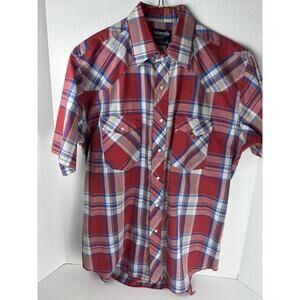 Wrangler Vintage Brushpopper Pearl Snap Cowboy Plaid Red White Blue Shirt 18.5
